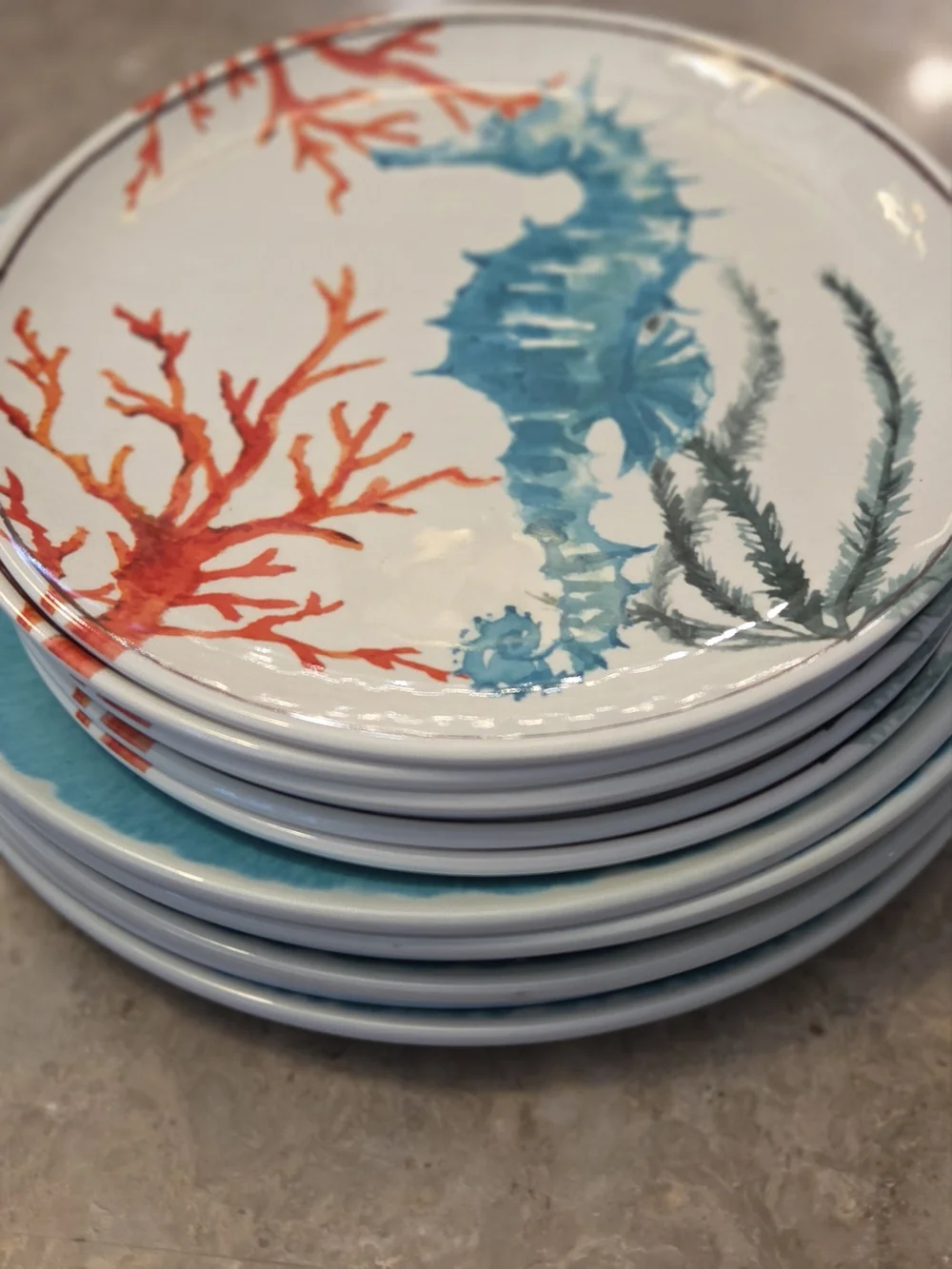 Seahorse Coral Melamine Coastal Plate Set, Cups, & Stainless Steel Flatware Set